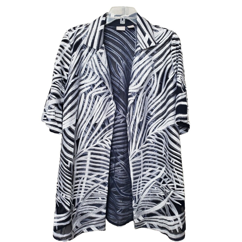 Chico's Travelers Mesh Printed Strips Open Front Jacket Size 1 Medium
